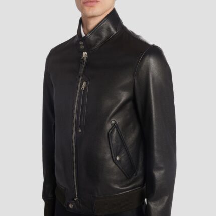 black leather bomber jacket men