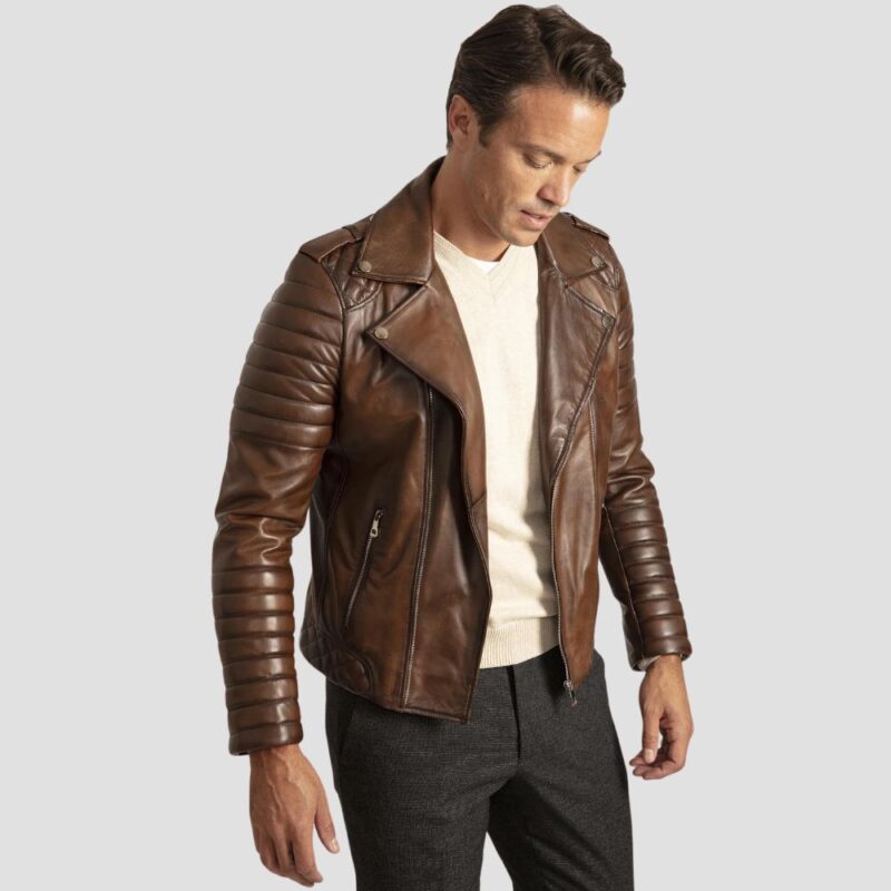 brown leather moto jacket