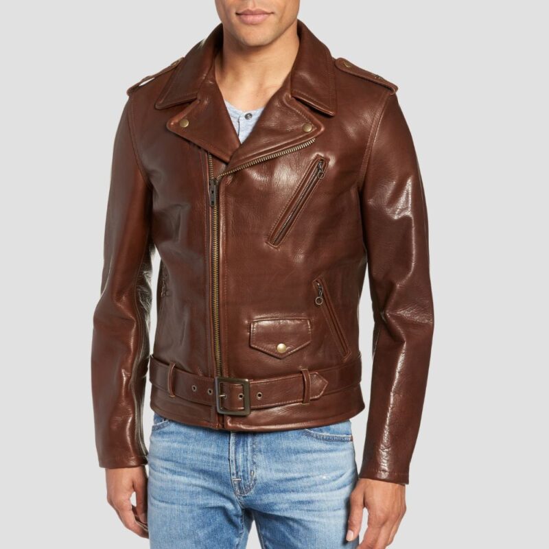 dark brown leather biker jacket