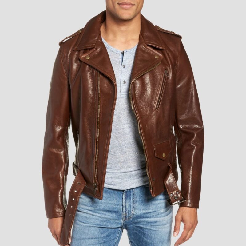 dark brown leather biker jacket men