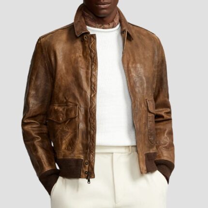 distressed brown leather bomber jacket men