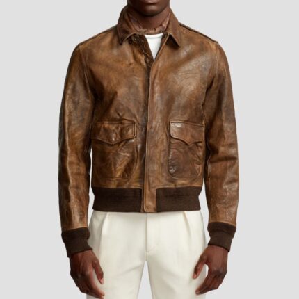 distressed brown leather bomber jacket mens