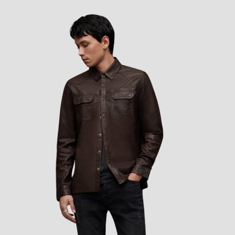 brown leather shirt mens