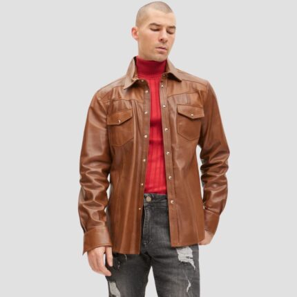 brown leather shirt mens