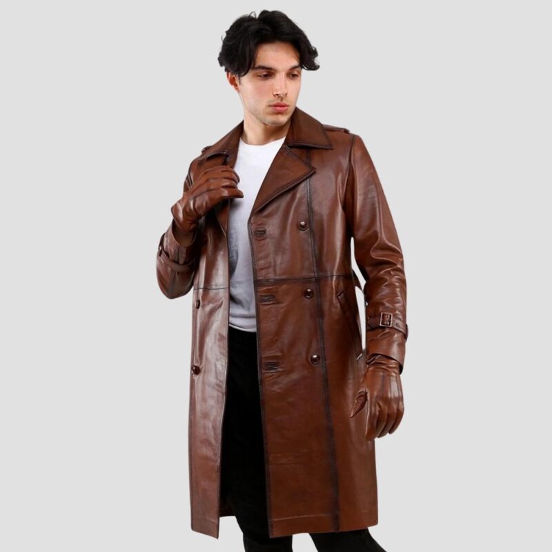 brown leather trench coat men