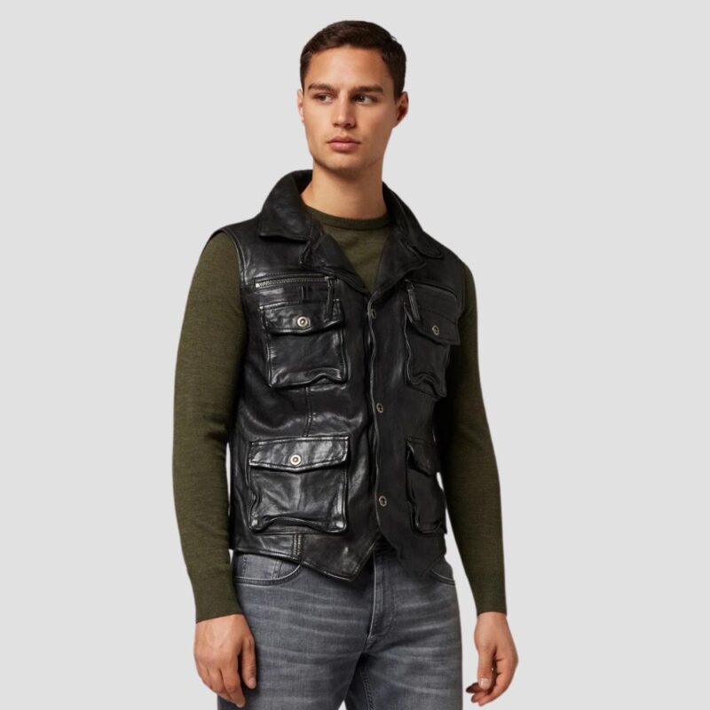 men black leather biker vest