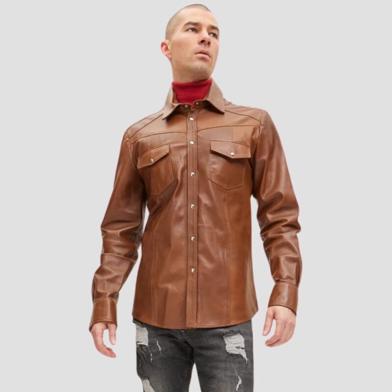 men brown leather shirt