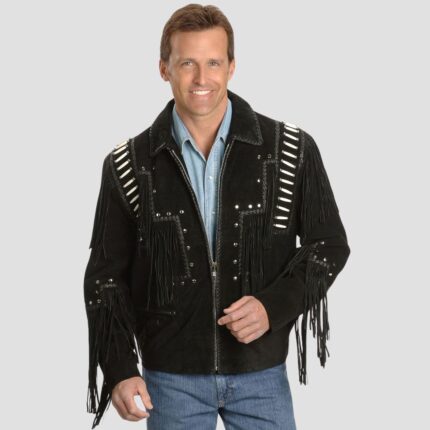 mens black leather fringe jacket