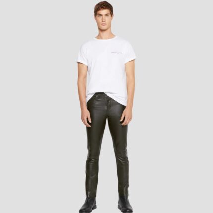 mens black leather skinny pants