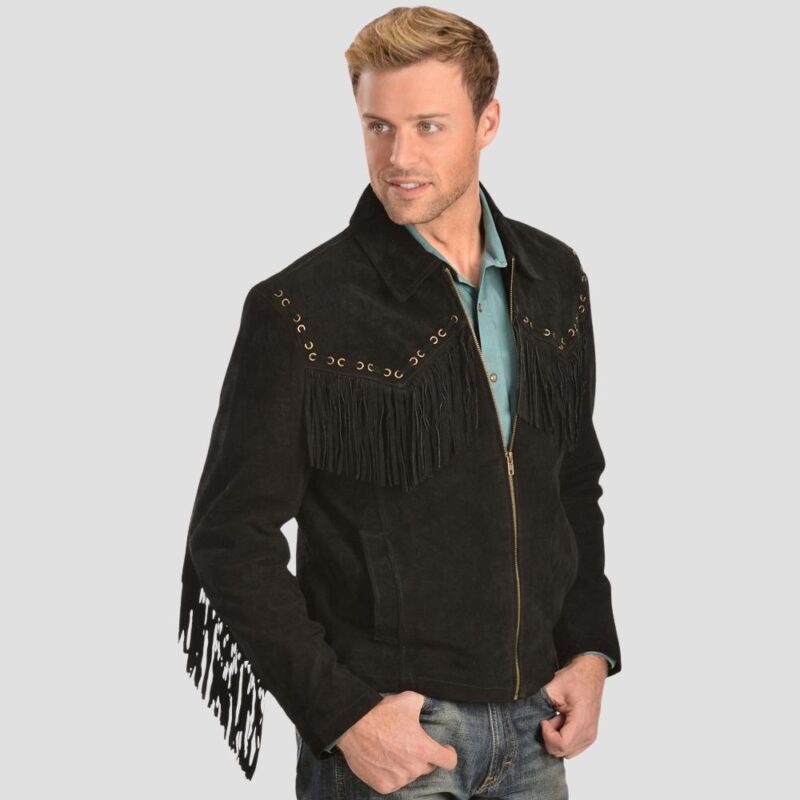 mens black suede fringe jacket