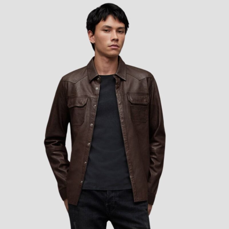 mens brown leather shirt