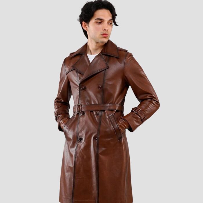 men's brown leather trench coat