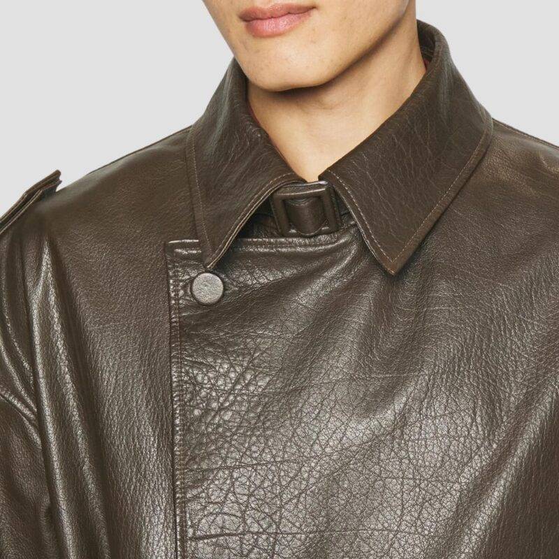 mens brown leather trench coat