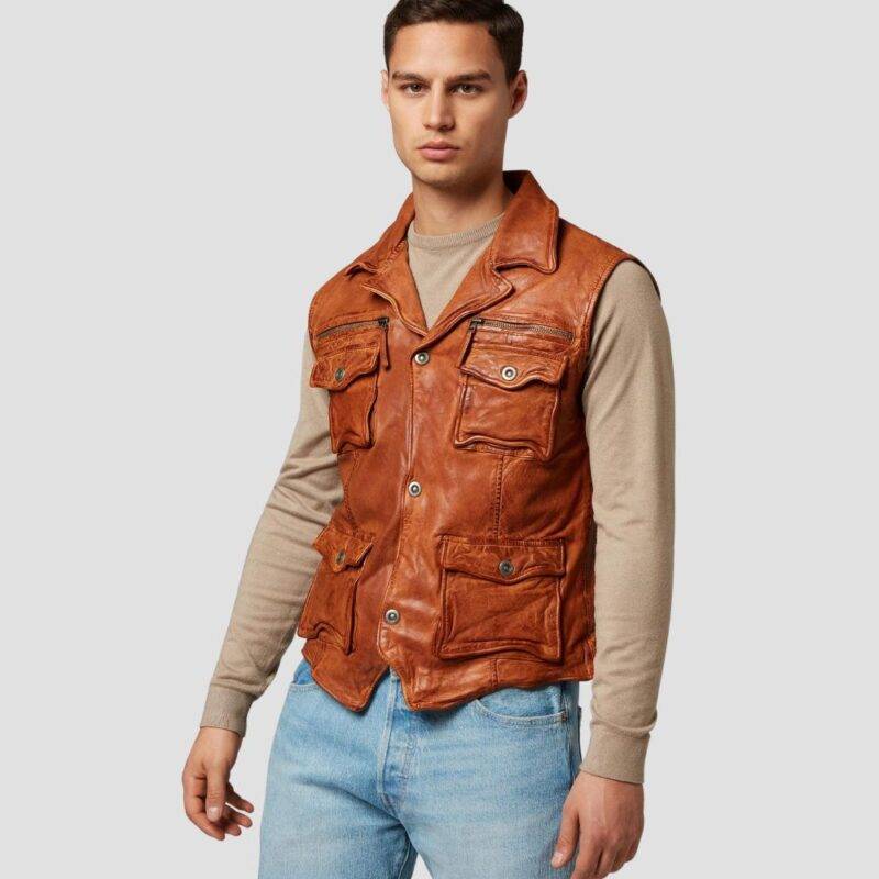 mens brown leather vest