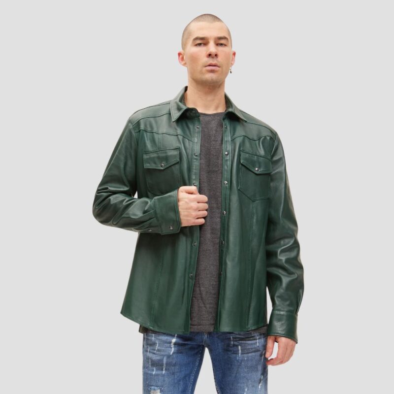 mens green leather shirt