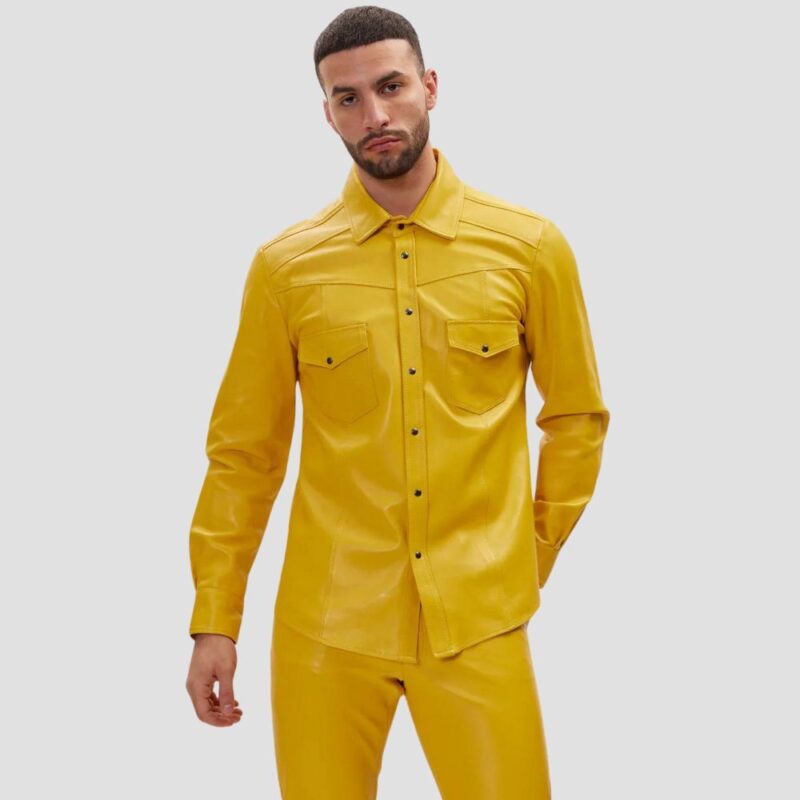 mens yellow leather shirt