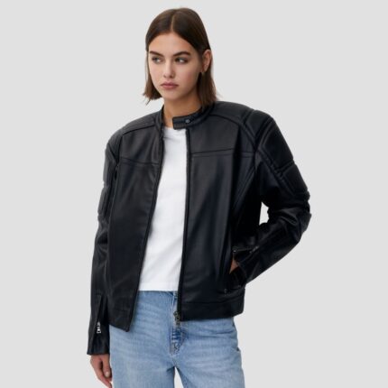 women black leather moto jacket