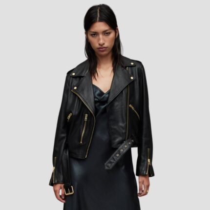 womens black leather biker jacket