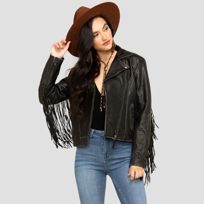 black leather fringe jacket