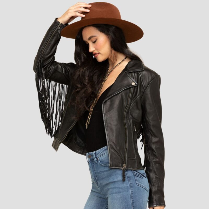 black leather fringe jacket womens