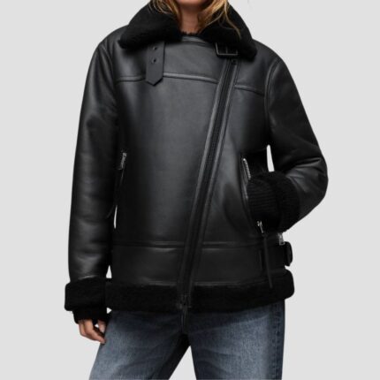 black leather jacket with shearling