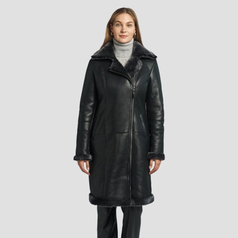 black leather shearling coat