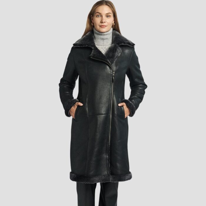 black leather shearling coat women