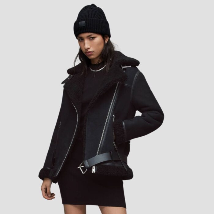 black leather shearling jacket women