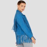 blue suede fringe jacket womens