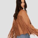 brown leather fringe jacket womens