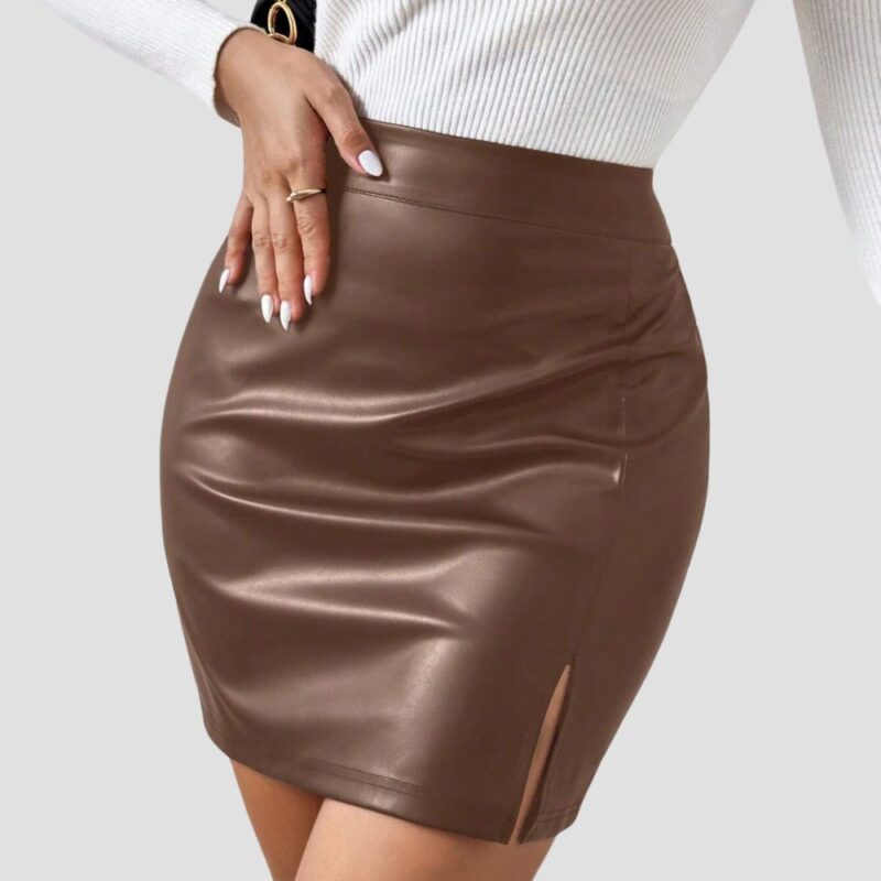 brown leather skirt women