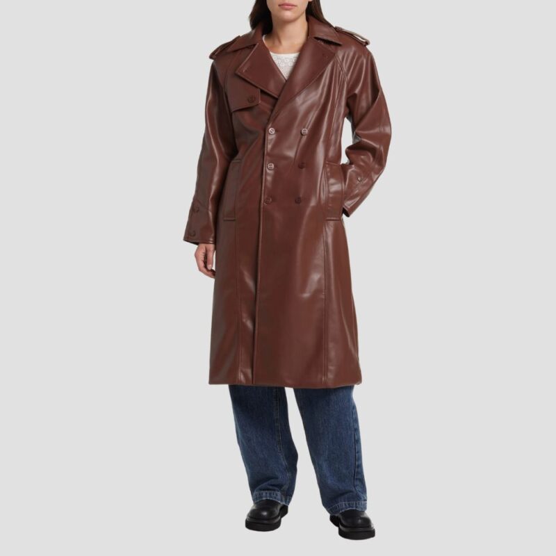 brown leather trench coat