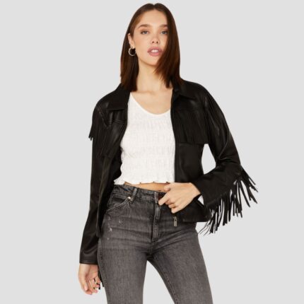 fringe leather jacket black