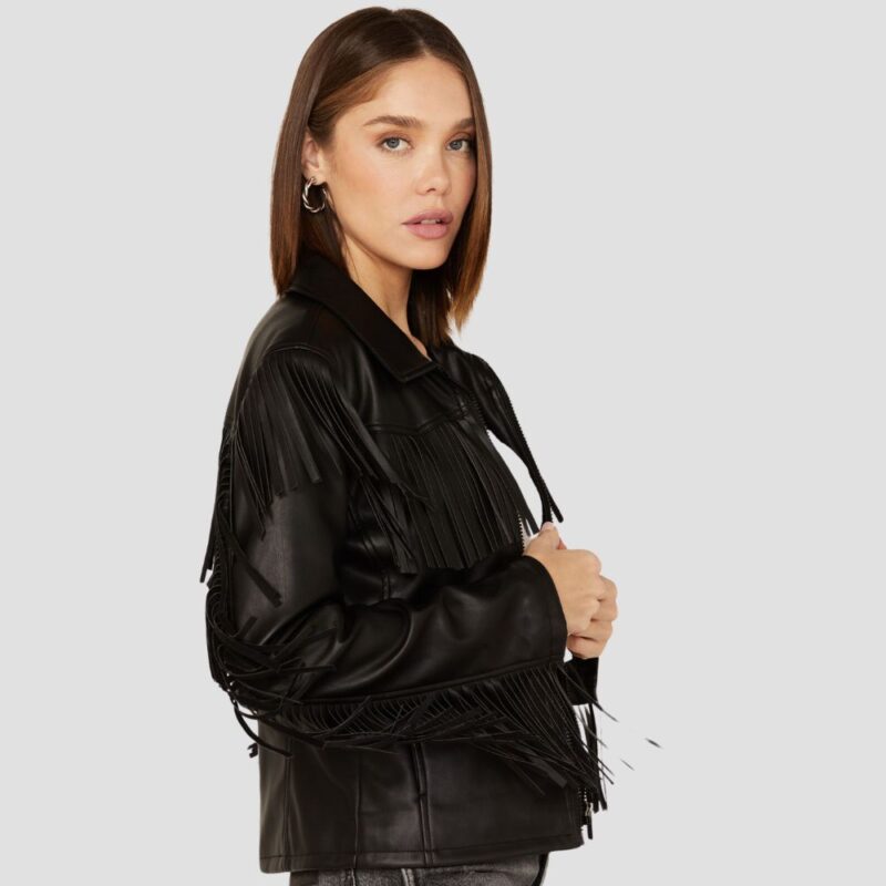 fringe leather jacket black womens