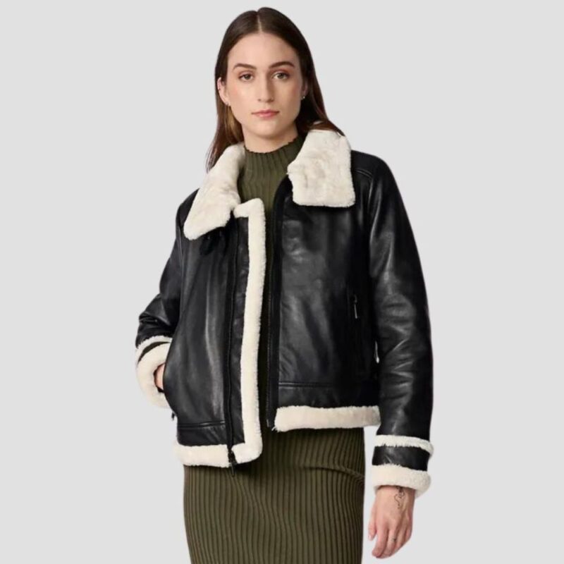 leather shearling jacket women black