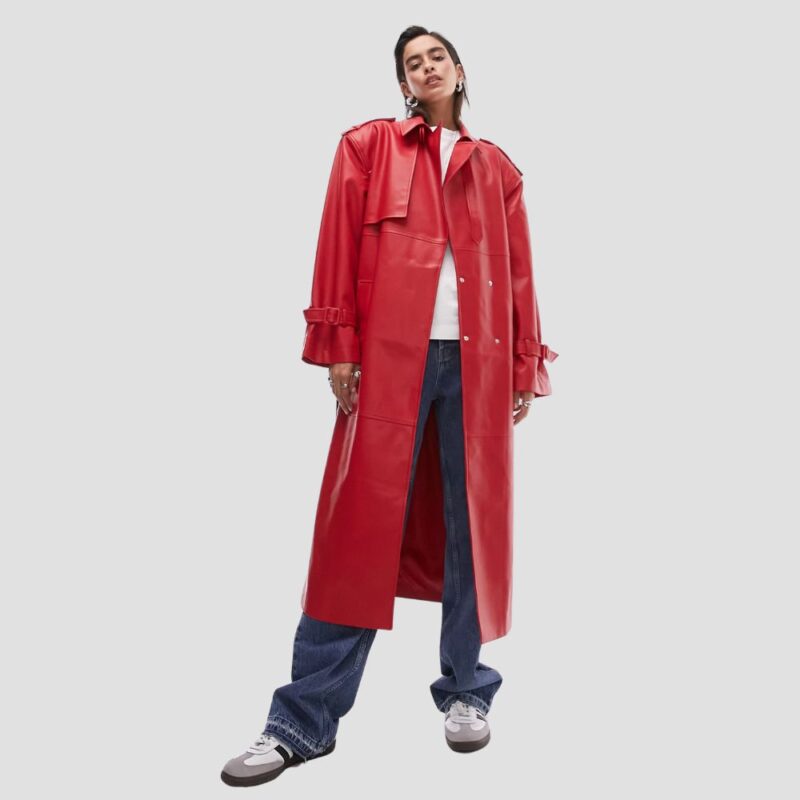 red leather trench coat