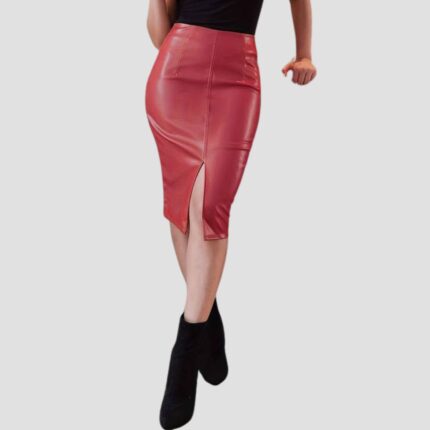 red leather women skirt