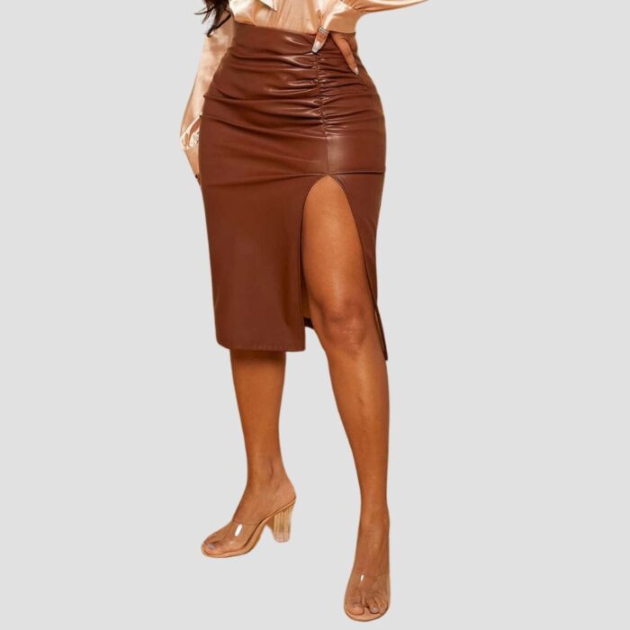 women brown leather skirt