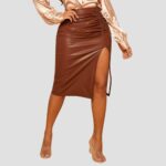 womens brown leather skirt